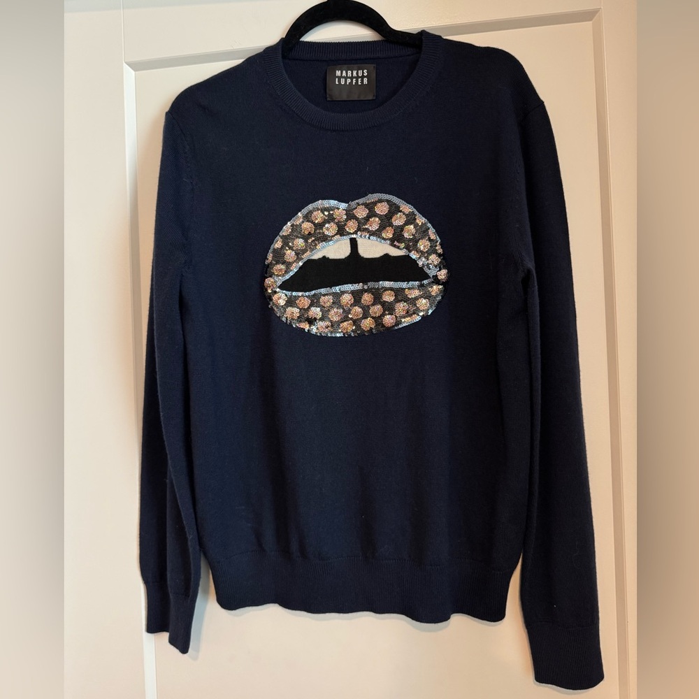 Markus Lupfer Navy Sequin Lip Merino Wool Sweater, Navy, Size Large